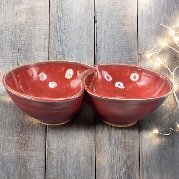 Vintage Hand Made Studio Art Pottery Divided Dish Double Salsa Bowl Chip N Dip - Picture 1 of 16